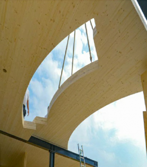 Photo showing a section of cross laminated timber used in a ceiling