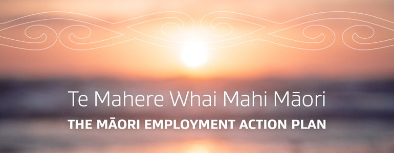 Image of horizon with the text 'Te Mahere Whai Mahi Māori: The Māori Employment Action Plan' on it