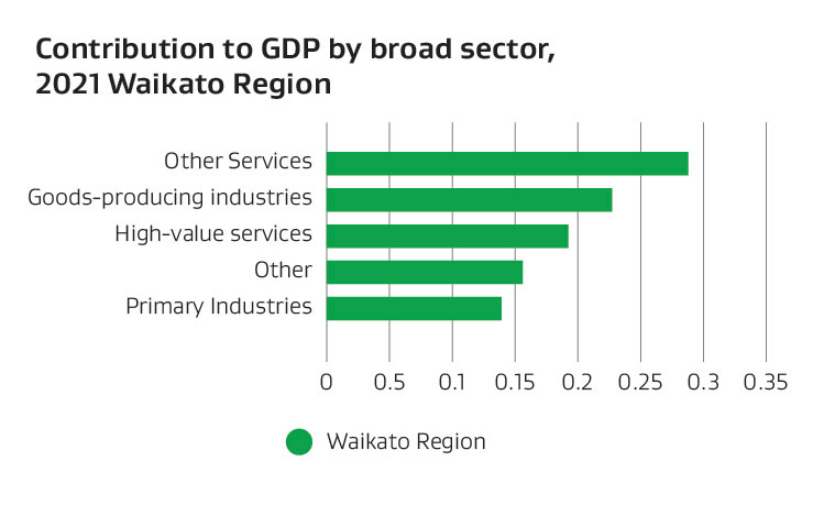 Bar graph showing contribution to GDP by broad sector 2021 Waikato Region