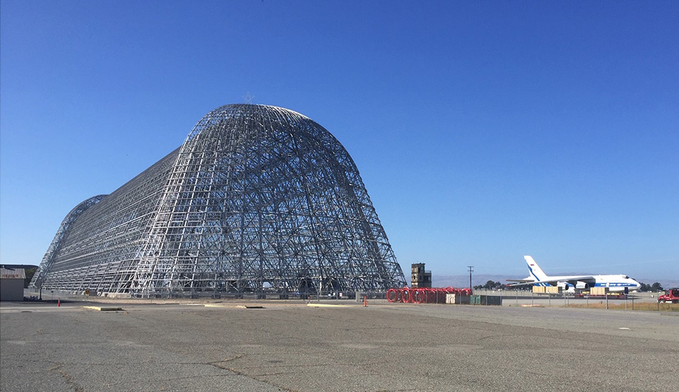 Photograph of hangar One, an old airship hanger that resides near the airfield at Moffett Field. 