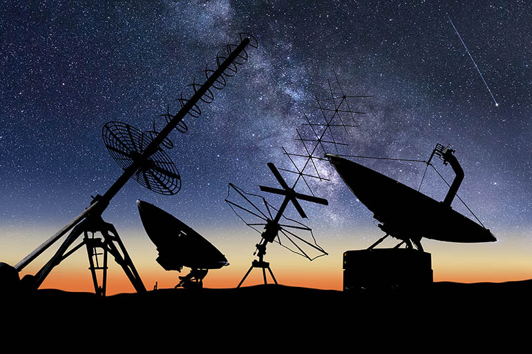 An array of New Zealand Defence Force satellite communications antennae set up during a New Zealand Army field exercise in July 2020. 