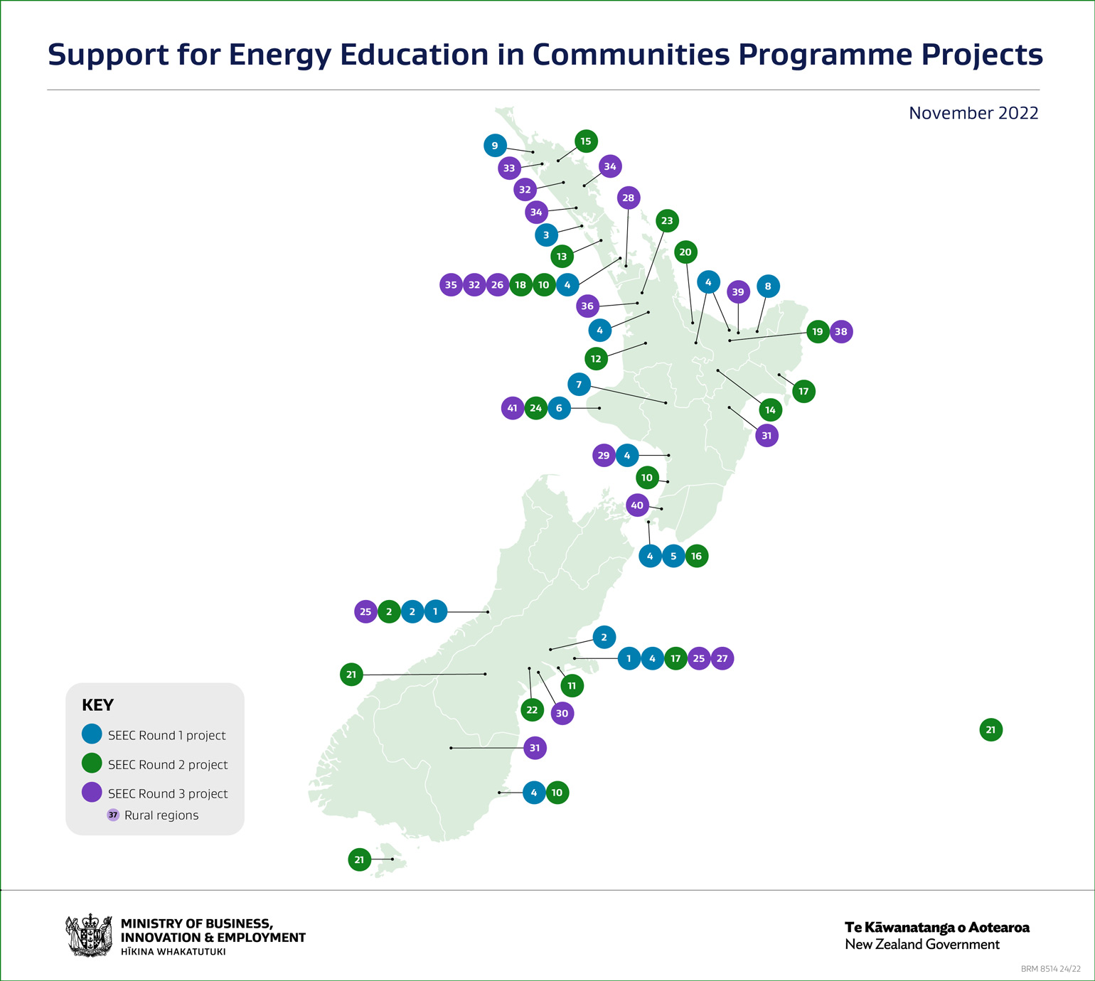 Map of New Zealand shows where the SEEC-funded projects from funding rounds 1 and 2 have been delivering energy education.