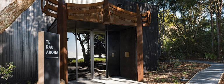 Decorative image: entryway in the Waitangi treaty grounds.