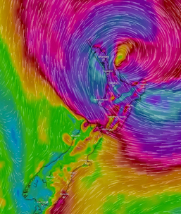 Meteorological image of a cyclone passing over Aotearoa New Zealand.