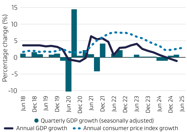 Mixed bar and line graph depicting quarterly GDP growth, Annual GDP growth, and Annual Consumer price index growth presented 6 monthly.