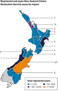 Map of New Zealand depicting registered open New Zealand Claims Resolution Service cases by region, and total number New Zealand Claims Resolution Service cases by region.