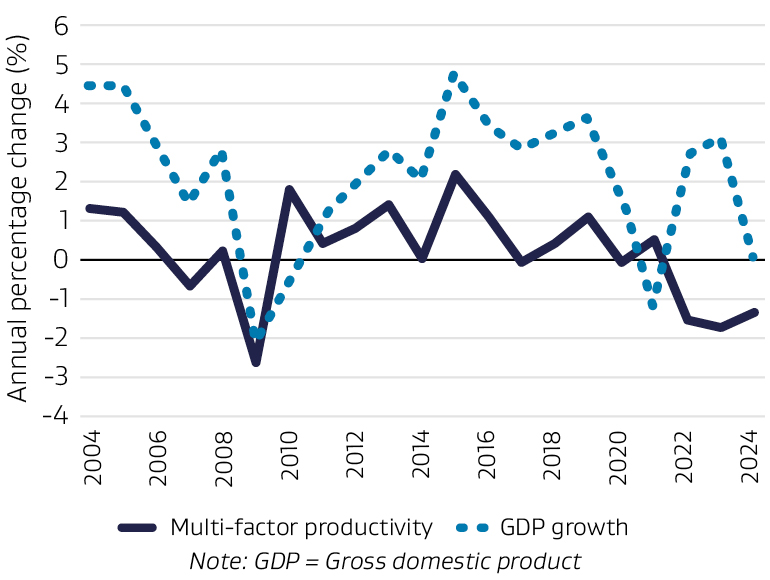 Line graph depicting productivtity statistics (multi-factor productivity and GDP growth) in New Zealand from 2004-2024.