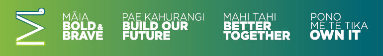 MBIE values: Māia - Bold & brave, Pae kahurangi - Build our future, Mahi tahi - Better together, Pono me te tika - Own it.