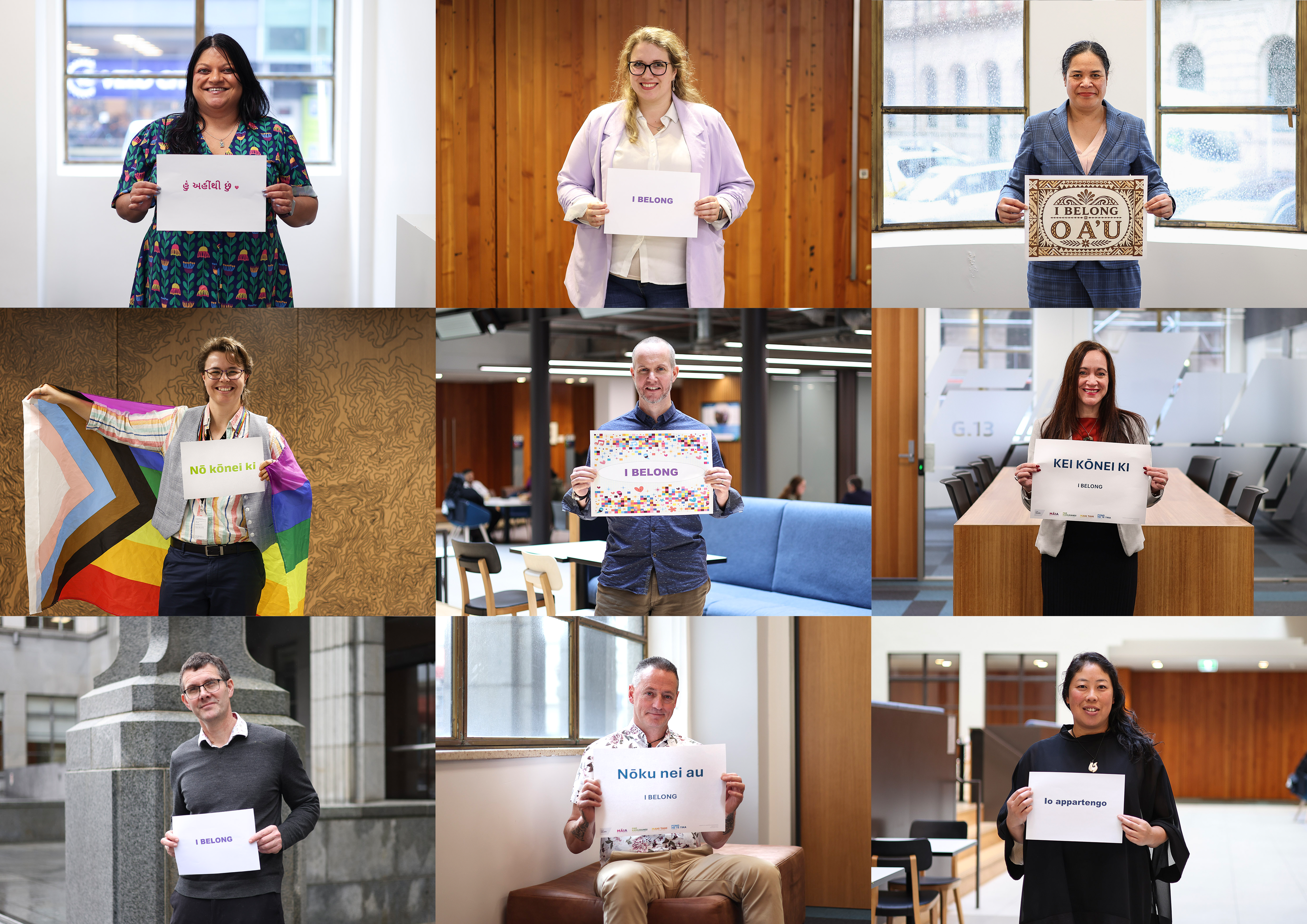MBIE people holding signs displaying “I belong” in their own reo and languages.