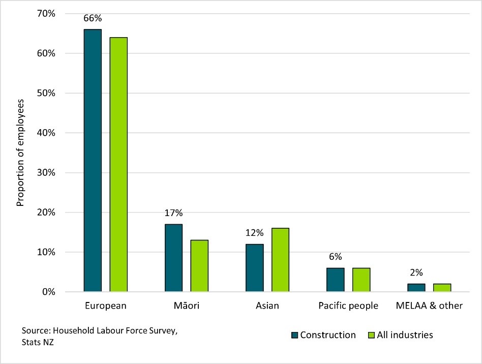 Figure 3: Construction sector workforce by ethnicity (as at December 2022). Shows changes in the ethnic composition of the construction workforce, indicating shifts over time.