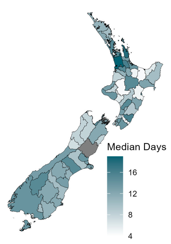 Map of New Zealand showing median days for processing Building Consent applications by region for the third quarter of 2025.