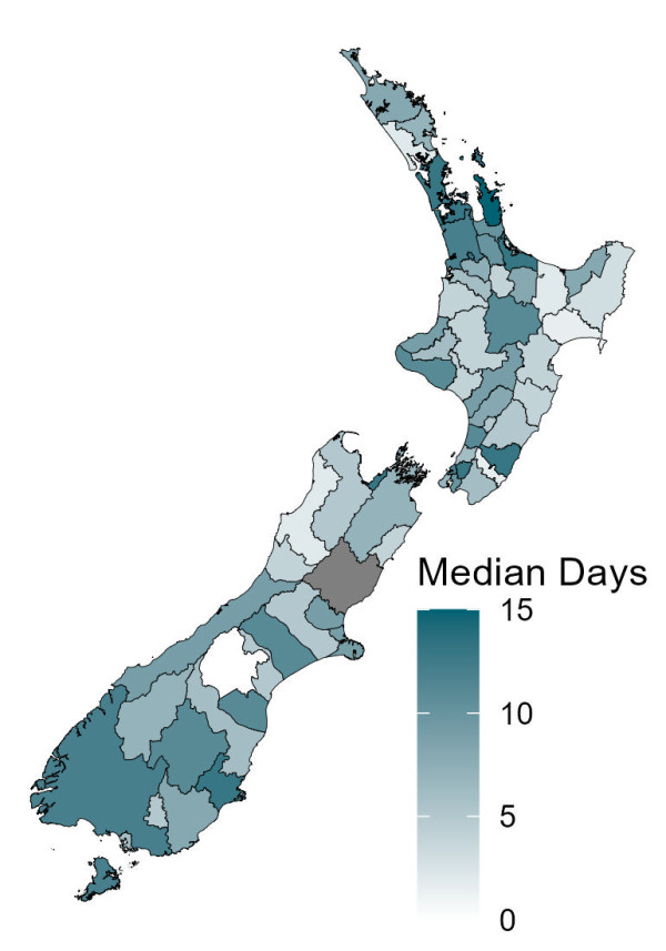 Map of New Zealand showing median days for processing applications for residential buildings by region for the third quarter of 2025.