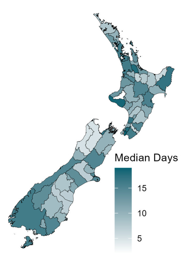 A map of New Zealand showing median days for processing Building Consent applications by region for the April to June quarter of 2024.