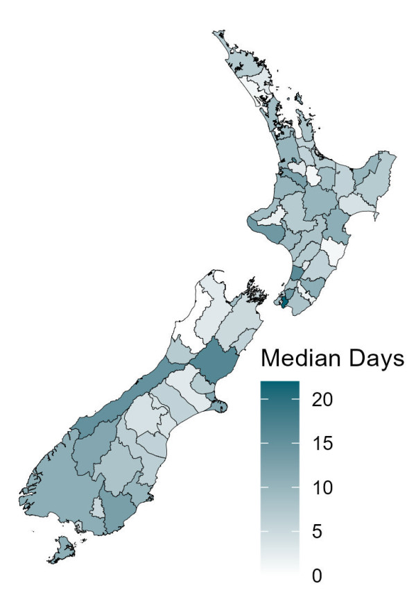 A map of New Zealand showing median days for processing applications for residential buildings by region for the April to June quarter of 2024.