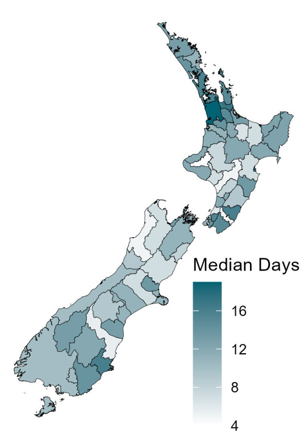 Map of New Zealand showing median days for processing Building Consent applications by region for the first quarter of 2025.