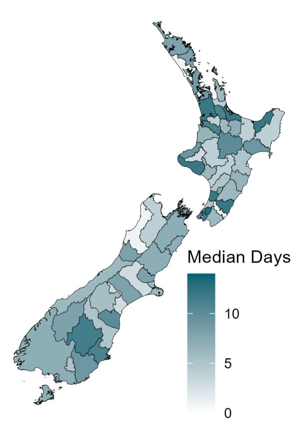 Map of New Zealand showing median days for processing applications for residential buildings by region for the first quarter of 2025.
