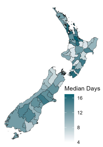 Figure 2.Median days to process Building Consent applications, excluding regional authorities, Consentium and BCAL
