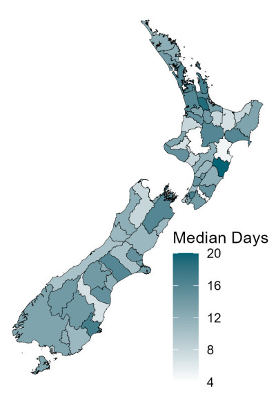 Figure 2.Median days to process Building Consent applications, excluding regional authorities, Consentium and BCAL