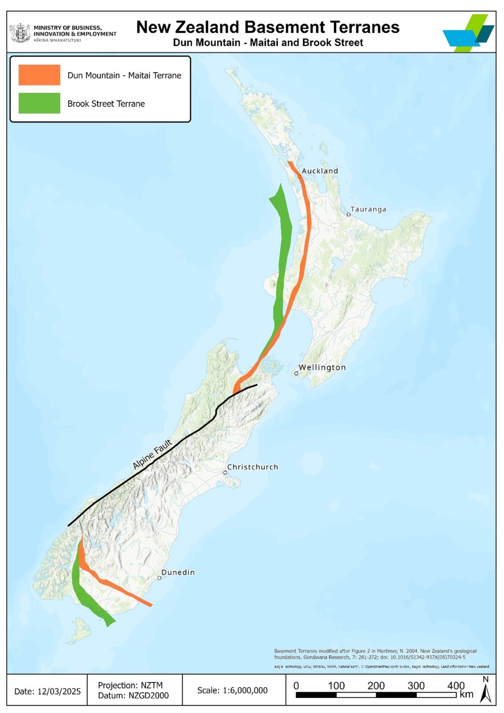 A map of New Zealand, showing the Alpine Fault and locations of 2 key geological basement terranes with chemistry which may be suitable for natural and orange hydrogen production. The Dun Mountain – Maitai Terrane is shown as a thick orange line starting just north of Auckland City. The line runs broadly north-south, curving gently westward through the King Country and Taranaki, before crossing the South Taranaki Bight and terminating against the Alpine Fault just south of Nelson. The Brook Street Terrane is shown as a green line of roughly twice the thickness of the Dun Mountain – Maitai line. This line starts in the Tasman Sea about 50 kilometres off the west coast of Auckland, and runs southward broadly parallel to the Dun Mountain – Maitai Terrane, until the 2 converge near Rangitoto ki te Tonga / D’Urville Island. Towards the southern end of the Alpine Fault, the lines representing the 2 terranes re-emerge in the mountains between Lakes Wakatipu and Te Anau. Initially overlapping, the lines diverge as they head southeast toward the Pacific Ocean. The Dun Mountain – Maitai line enters the Pacific at Kaka Point south of Dunedin, and the Brook Street Terrane line in Toetoes Bay near Invercargill.