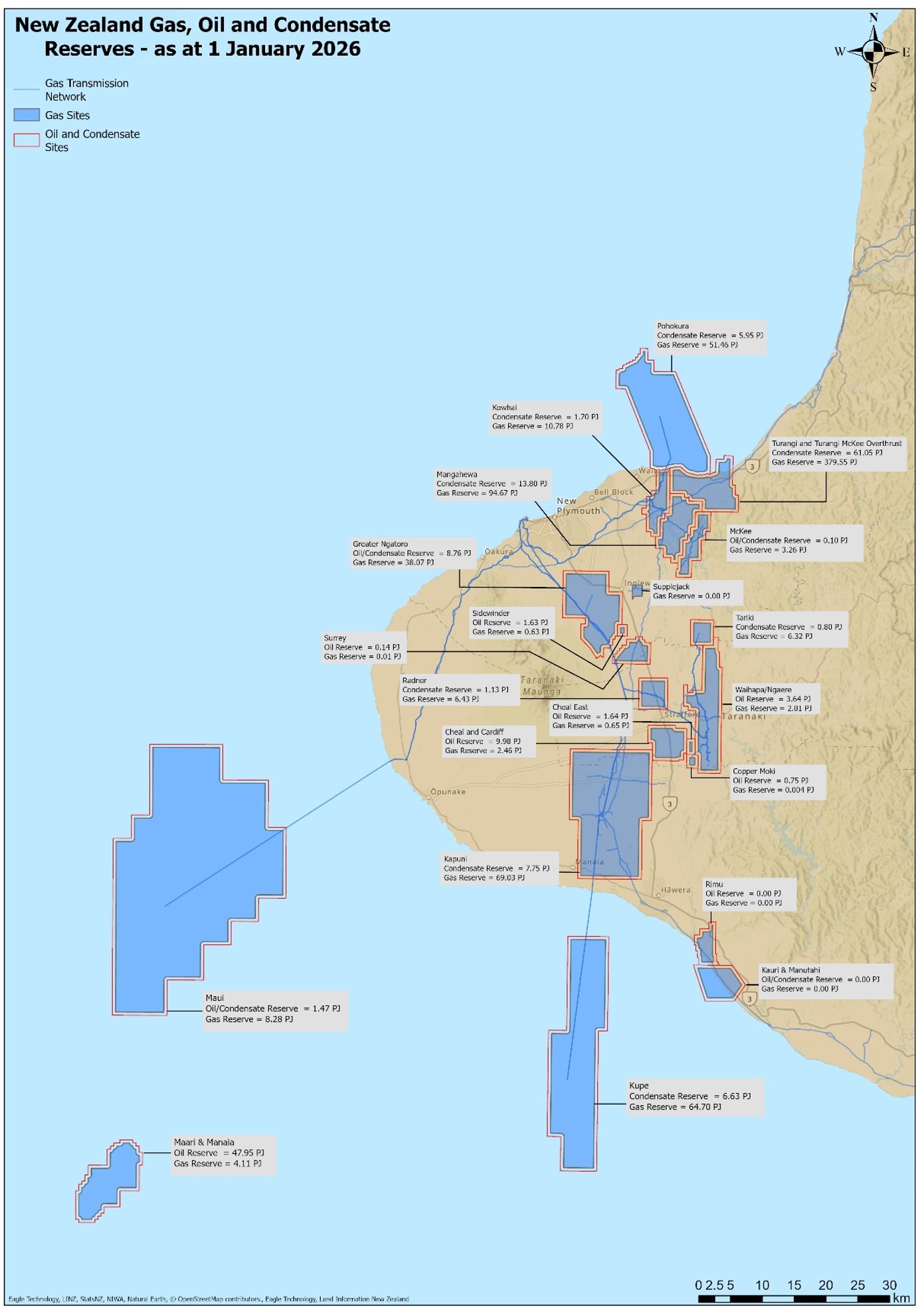 A map of New Zealand showing the locations and quantities of gas, oil and condensate reserves as of 1 January 2026, along with transmission pipelines and field sites.