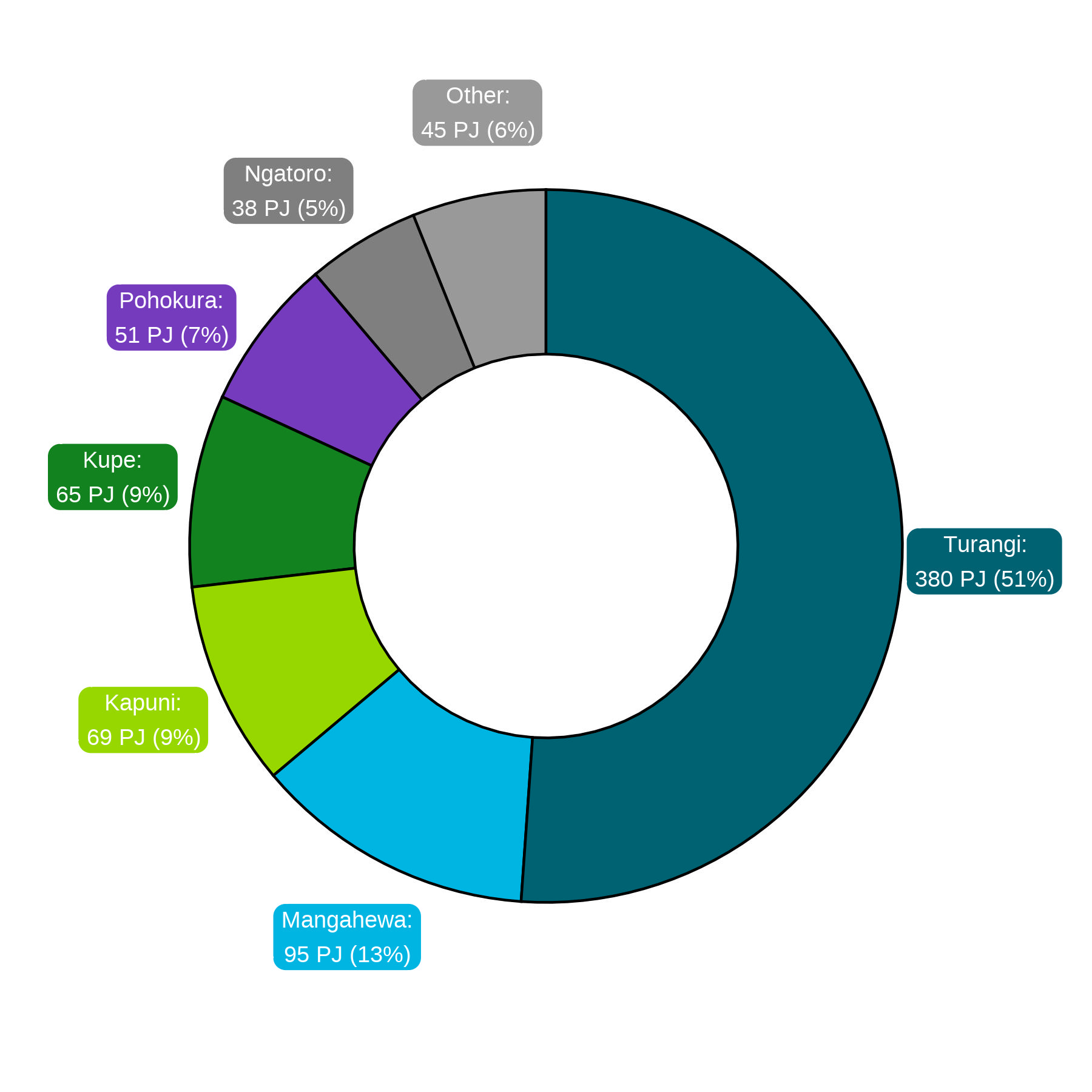 A distribution graph of remaining gas reserves by field. Following reports of reduced reserves at some other fields, the Turangi field now holds over half of all remaining gas reserves.