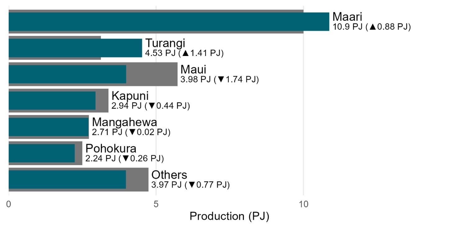 A bar chart showing crude oil production by field. The Maari and Turangi fields saw increases in crude oil production in 2025.