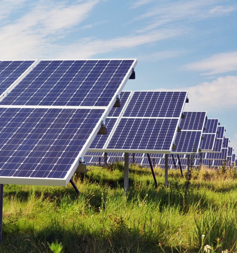 Photo showing rows of solar panels mounted on metal supports in a grassy field, forming a large solar farm under the sky. The panels are angled toward the sunlight and extend into the distance.