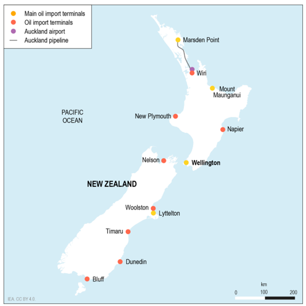 A map of New Zealand displaying the locations of key fuel infrastructure. It includes:Main oil import terminals marked with orange dots. Oil import terminals marked with red dots. Auckland Airport marked with a purple dots. Auckland pipeline shown as a black line. Orange Labelled cities and towns include: Marsden Point, Mount Maunganui, Wellington, Lyttelton. Red labelled cities and towns include: Wiri, Napier, New Plymouth, Nelson, Woolston, Timaru, Dunedin, and Bluff. The Pacific Ocean is labeled to the left of New Zealand. A legend in the top left corner explains the symbols used.