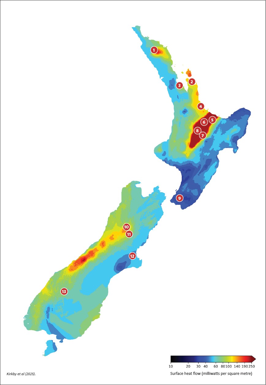 Map of New Zealand showing geothermal and geoheat utilisation across New Zealand. See following accordion for data from map.