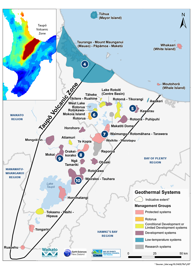 Map of the geothermal activity in the Taupō volcanic zone. See following accordion for data from map.