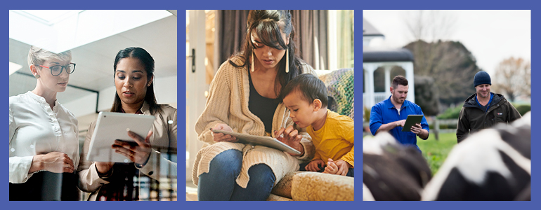 3 boxed images. Left to right: 2 woman looking at a tablet, A mother and a child looking at a tablet, 2 farmers looking at a tablet.