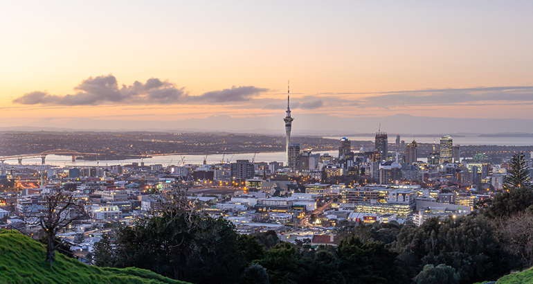 A photo (probably taken from the slopes of Maungawhau / Mount Eden) looking north to the Auckland city skyline with the Skytower prominent in the middle. It's sunset and the sky is full of colour.