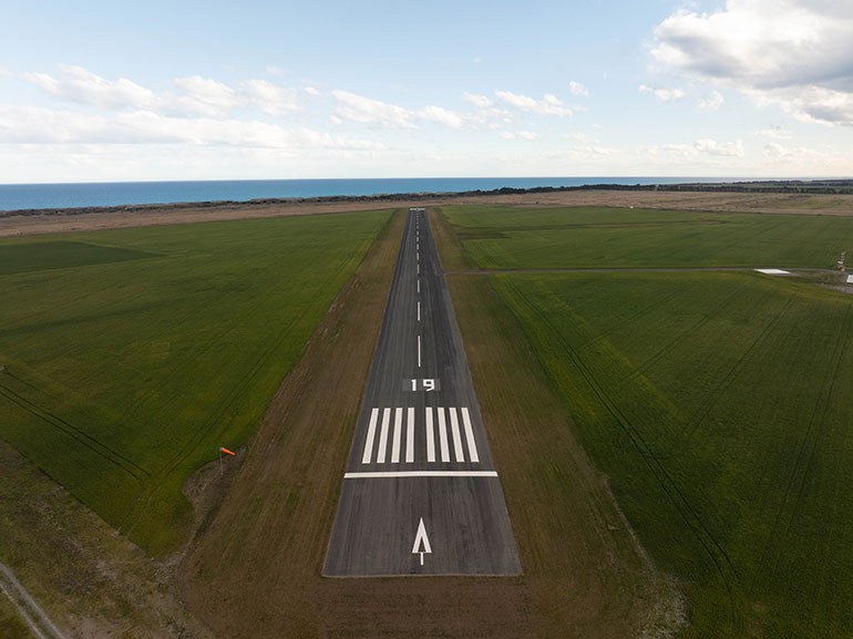 Runway at the Tāwhaki National Aerospace Centre looking out to the Special Use Airspace. 