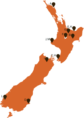 Map of Aotearoa New Zealand with lettered pins placed at the following locations: (A) Kāretu Valley, (B), Te Urewera, (C) Greater Wellington, (D) Dunedin,  (E) Eastern Bay of Plenty, (F) Lake Taupō, (G) Central North Island, (H) Greater Wellington, (I) Top of the South Island, (J) Taranaki, (K) Eastern Bay of Plenty, (L) Southland, (M) Taranaki. Case studies for each letter/location specified in content.