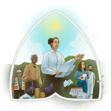Illustration: A woman with brown hair wearing a white shirt stands holding a piece of paper in her hand. She is talking and using her hand to guide. Behind her is a man in high-vis, a Māori elder, a woman wearing a blue shirt and a man in overalls. The sun shines above them. 