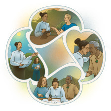 Illustration depicting multuple scenes. Clockwise from top: A woman with brown hair in a white shirt and a man with blonde hair in a blue shirt sit at a table talking. A woman with brown hair and Māori male elder press noses in a hongi. A woman with brown hear wearing a white shift is sat at a desk and writing on a large white piece of paper. Alongside her is a woman in a blue shirt who is talking and a Māori elder.  A woman with brown hair wearing a white shirt stands holding a piece of paper in her hand. She is talking and using her hand to guide.