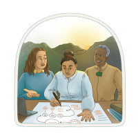 Illustration: A woman with brown hear wearing a white shift is sat at a desk and writing on a large white piece of paper. Alongside her is a woman in a blue shirt who is talking and a Māori elder. They are all smiling. Behind them is a mountain range with the sun just on the edge of them. 