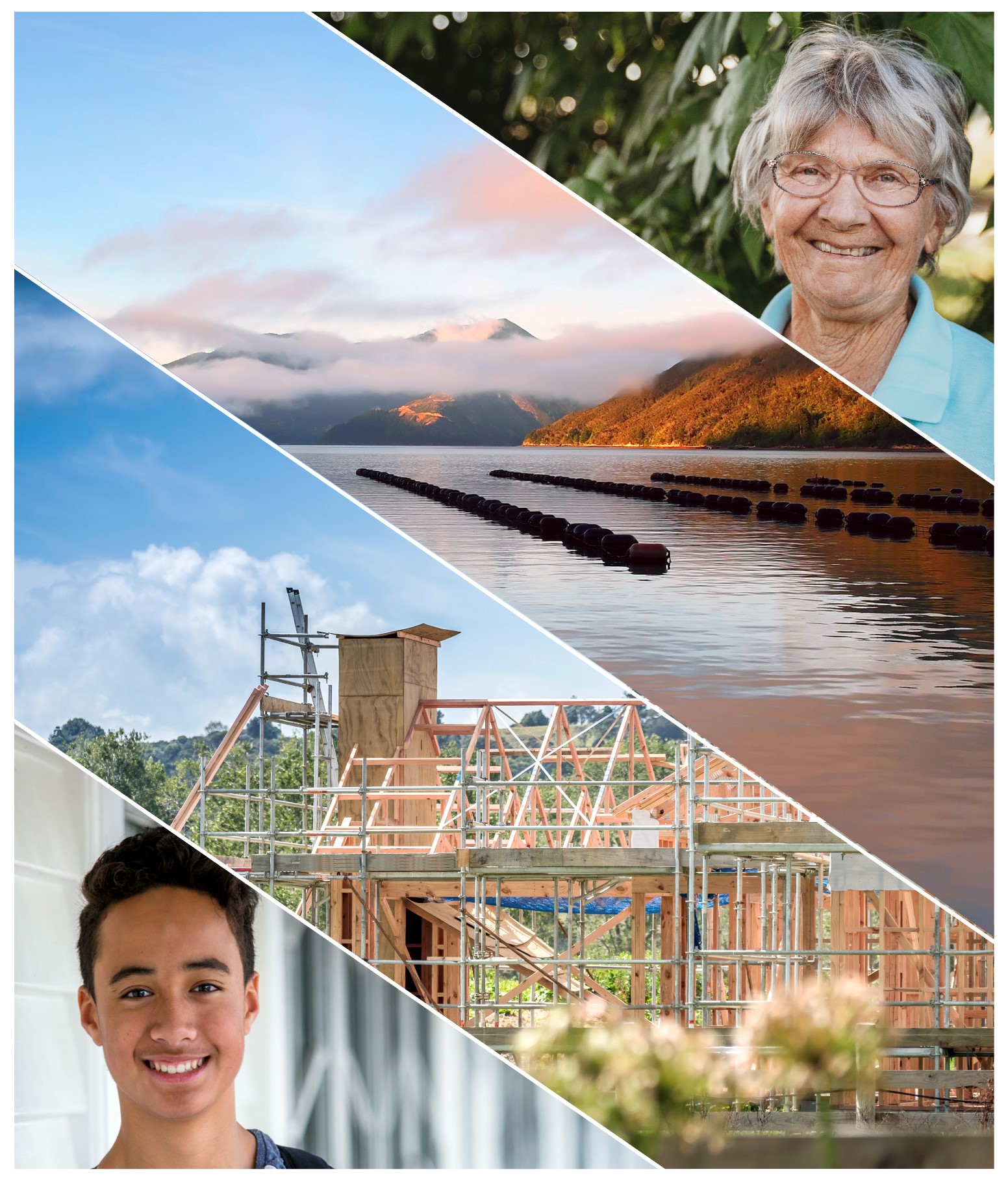 Slices of 4 photos. 1 - Older woman smiling. 2 - Aquaculture farm. 3 - building site. 4 - young person smiling. 