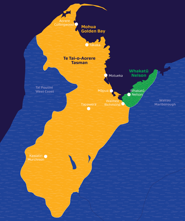 A map of the top of the South Island of New Zealand, highlighting the Nelson and Tasman regions