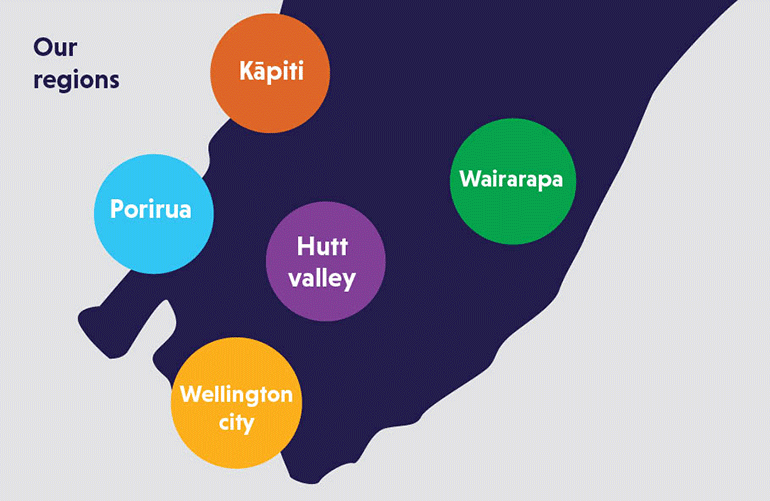  A map showing the five sub-regions covered by the Wellington Regional Skills Leadership Group.