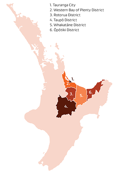 Map of the North Island of New Zealand showing the 6 subregions within the Bay of Plenty. These are Tauranga City, Western Bay of Plenty District, Rotorua District, Taupō District, Whakatāne District and Ōpōtiki District.