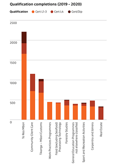 A bar chart showing the top 10 qualifications being completed in the Bay of Plenty between 2019 and 2020 by subject matter area. The graph provides a breakdown of qualfication level by each subject matter area. It shows that the highest volume of qualifications in the region were for Te Reo Maori with a total of 2215 qualifications completed with the majority in certificate 1 to 3 level qualifications and the lowest volume were for Real Estate with 315 level 4 or under qualifications completed over 2019 to 2020. Graph is sourced from Infometrics, 2021.