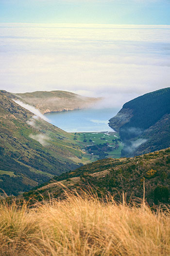 Looking down past steep hills to a bay on Banks Peninsula