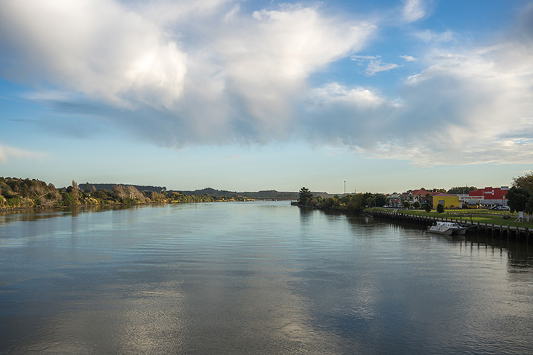 Whanganui river with trees on either side.