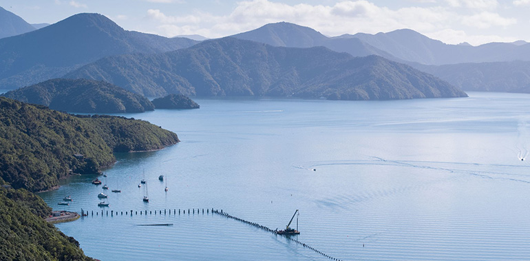 Birds-eye view of floating crane working on construction of the new marina at Waikawa, Marlborough Sounds.