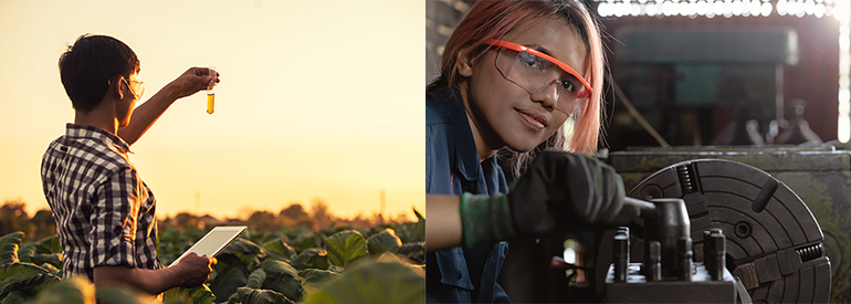 Left image man holds a test tube up to the morning light over a vineyard, right image a woman works on a metal lathe.