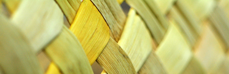 A woven flax basket from up close.