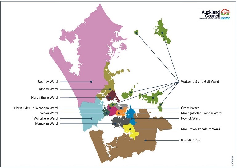 A map showing the 13 wards within the Auckland Council boundaries from Rodney in the north to Franklin ward in the south and including the islands in Waitematā Harbour and Hauraki Gulf.
