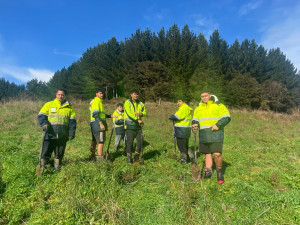 Group of 6 high-vis wearing people with spades working in the outdoors