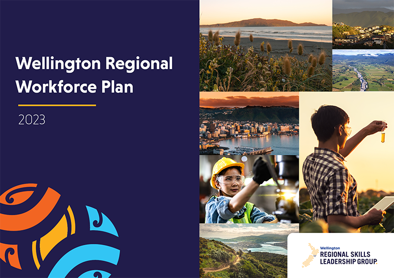 Multiple images depicting the Wellington region: Wellington Regional Workforce Plan 2023: Kapiti Island from Paraparaumu Beach and Trail at Rangituhi: Wellington NZ, Wellington Harbour View: Sulthan Aluiya; Greytown Wairarapa: John McMullan; View over houses Maungaraki Hutt Valley, Nick Cottrell